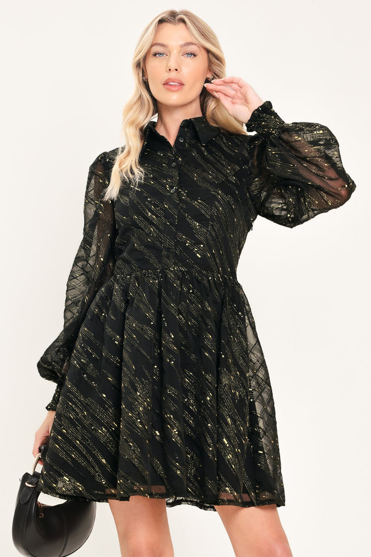 Gilded Noir Black & Gold Metallic Button-Down Mini Dress