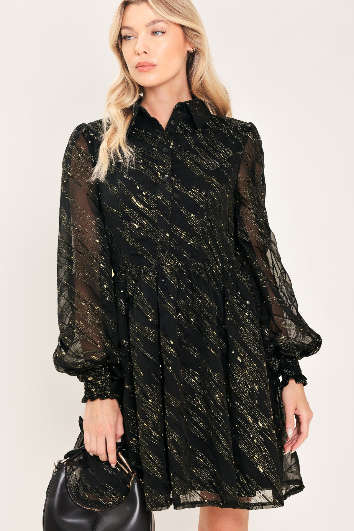 Gilded Noir Black & Gold Metallic Button-Down Mini Dress