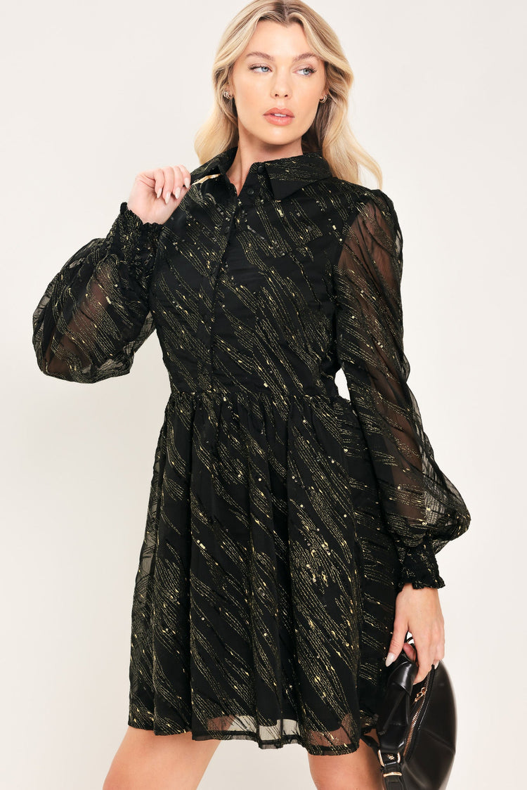 Gilded Noir Black & Gold Metallic Button-Down Mini Dress