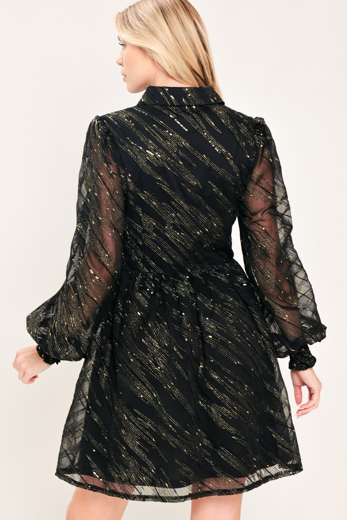 Gilded Noir Black & Gold Metallic Button-Down Mini Dress