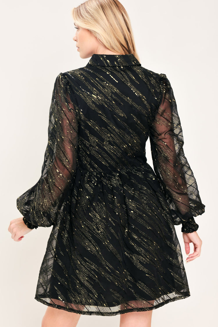 Gilded Noir Black & Gold Metallic Button-Down Mini Dress