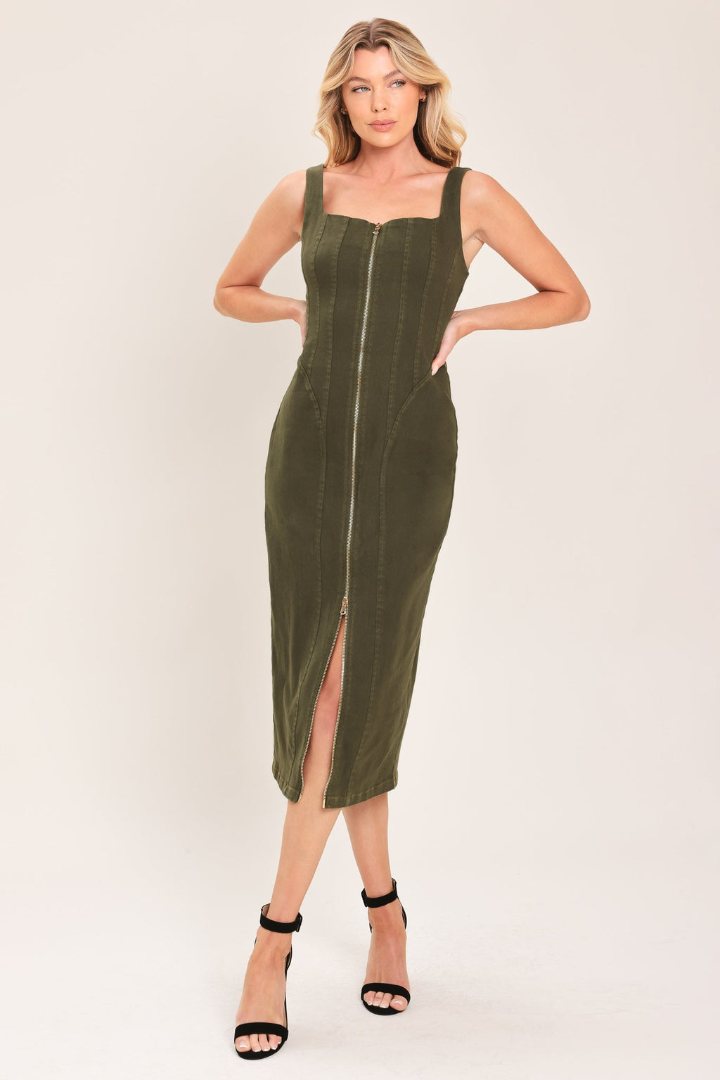 Modern Cargo Chic Twill Midi Dress