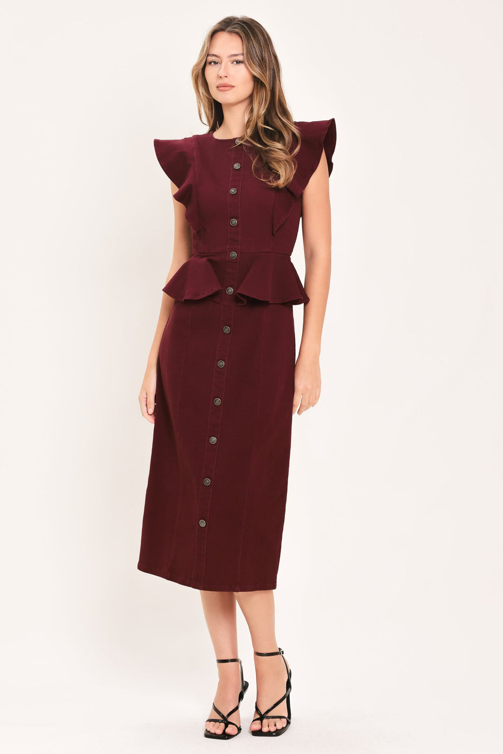 Burgundy Ruffle Reverence Midi Dress