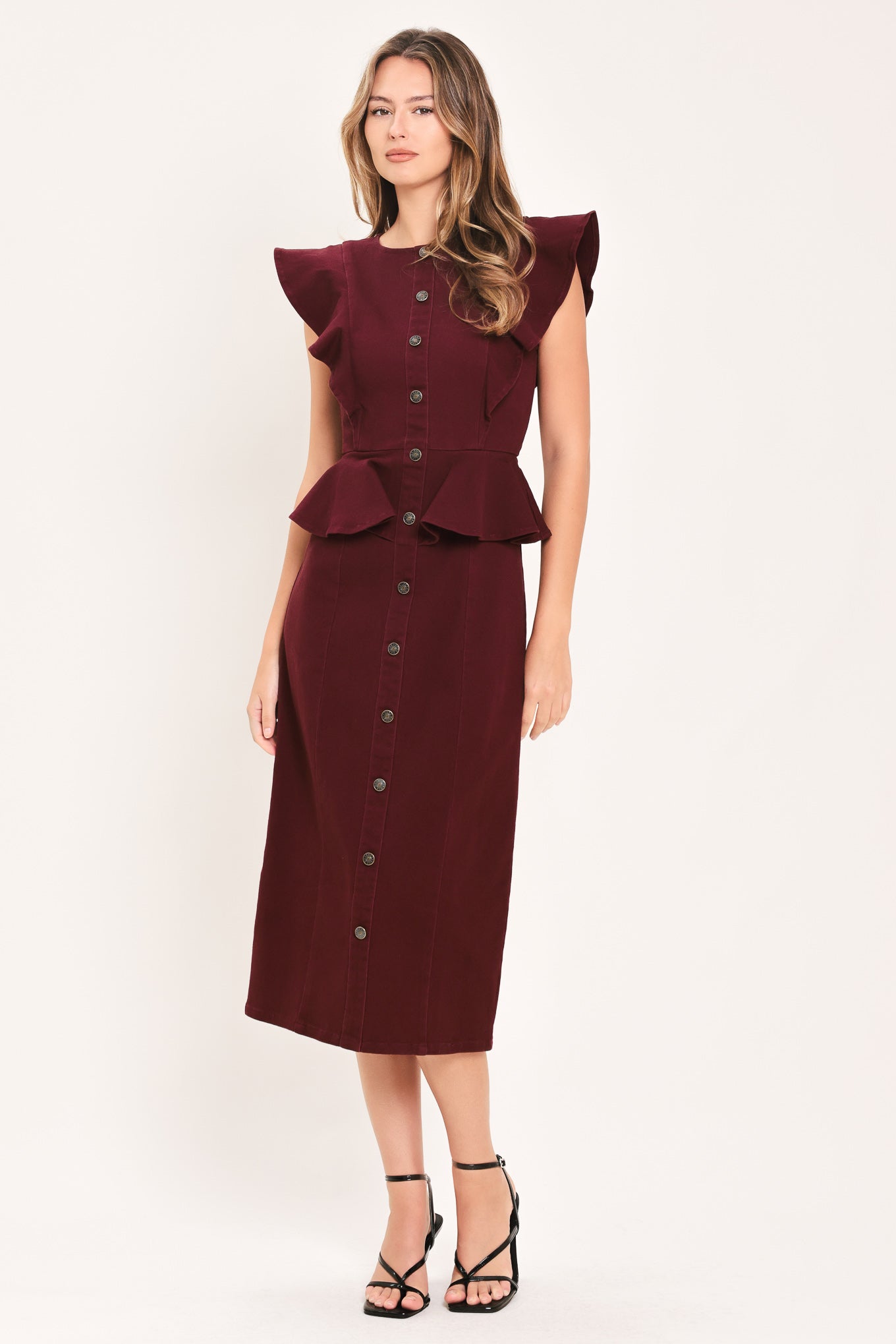 Burgundy Ruffle Reverence Midi Dress