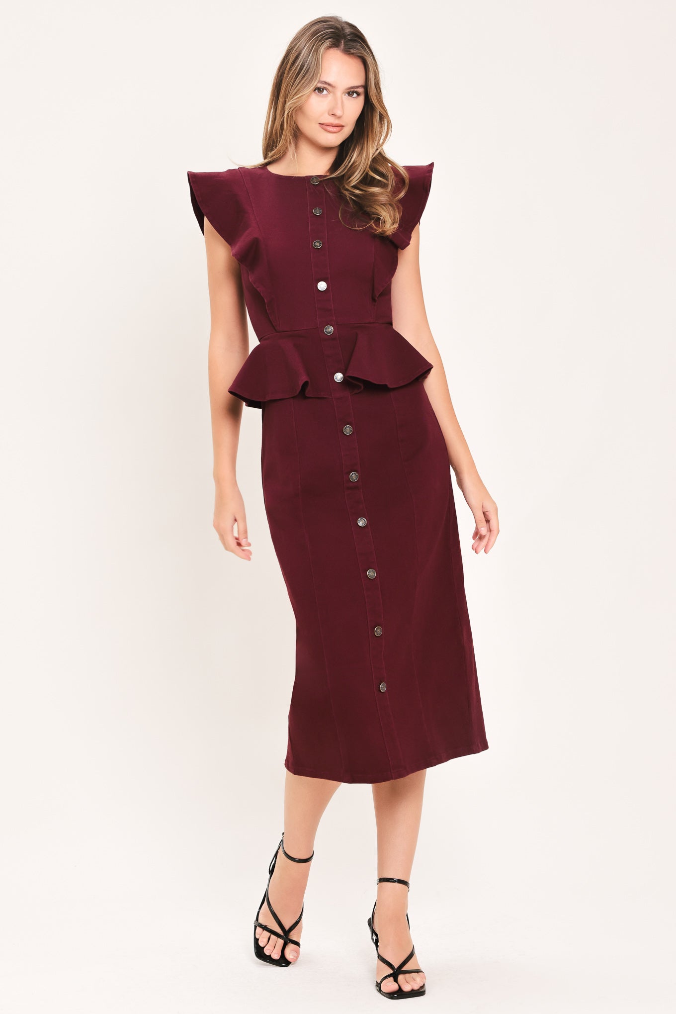 Burgundy Ruffle Reverence Midi Dress