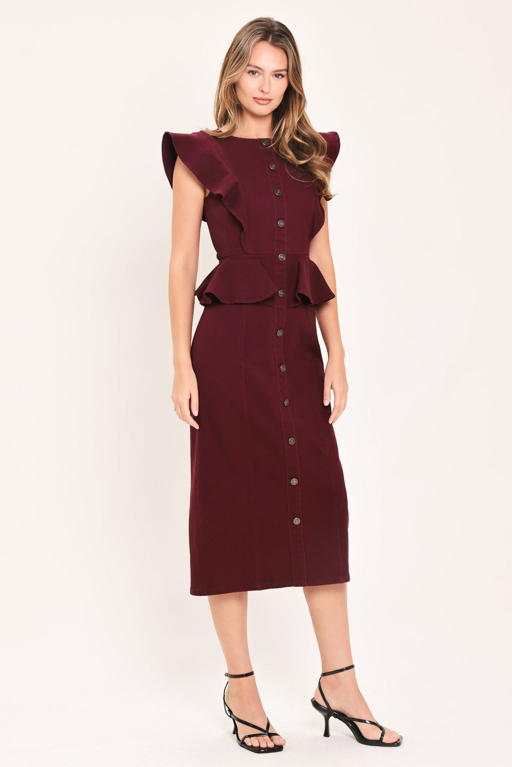 Burgundy Ruffle Reverence Midi Dress