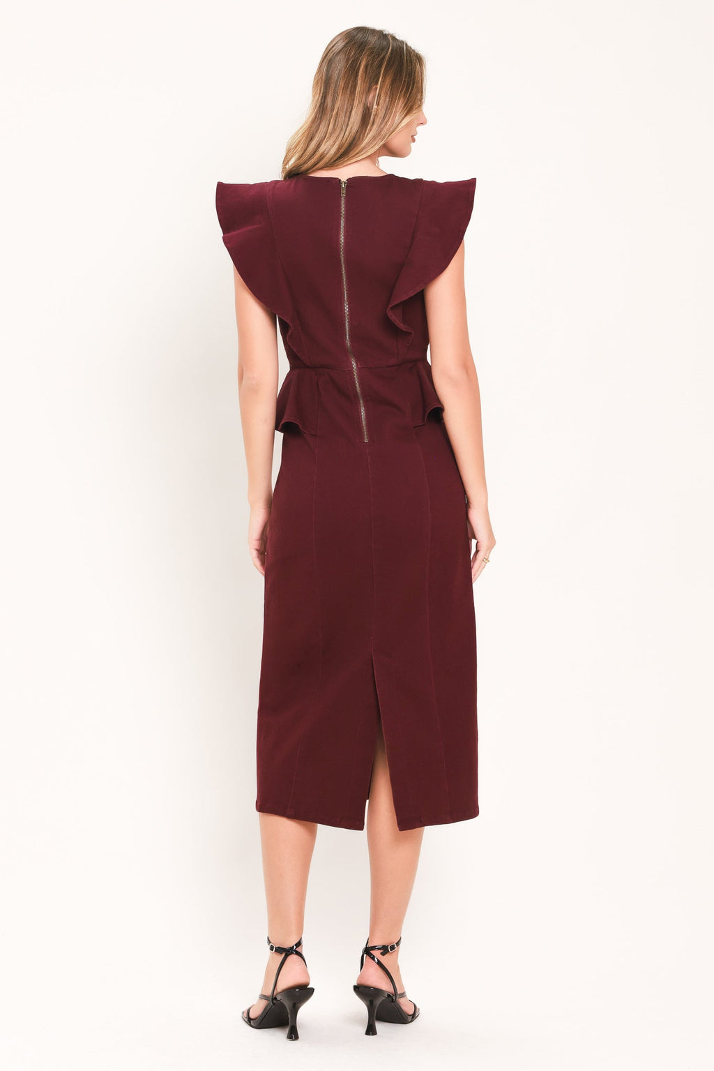 Burgundy Ruffle Reverence Midi Dress