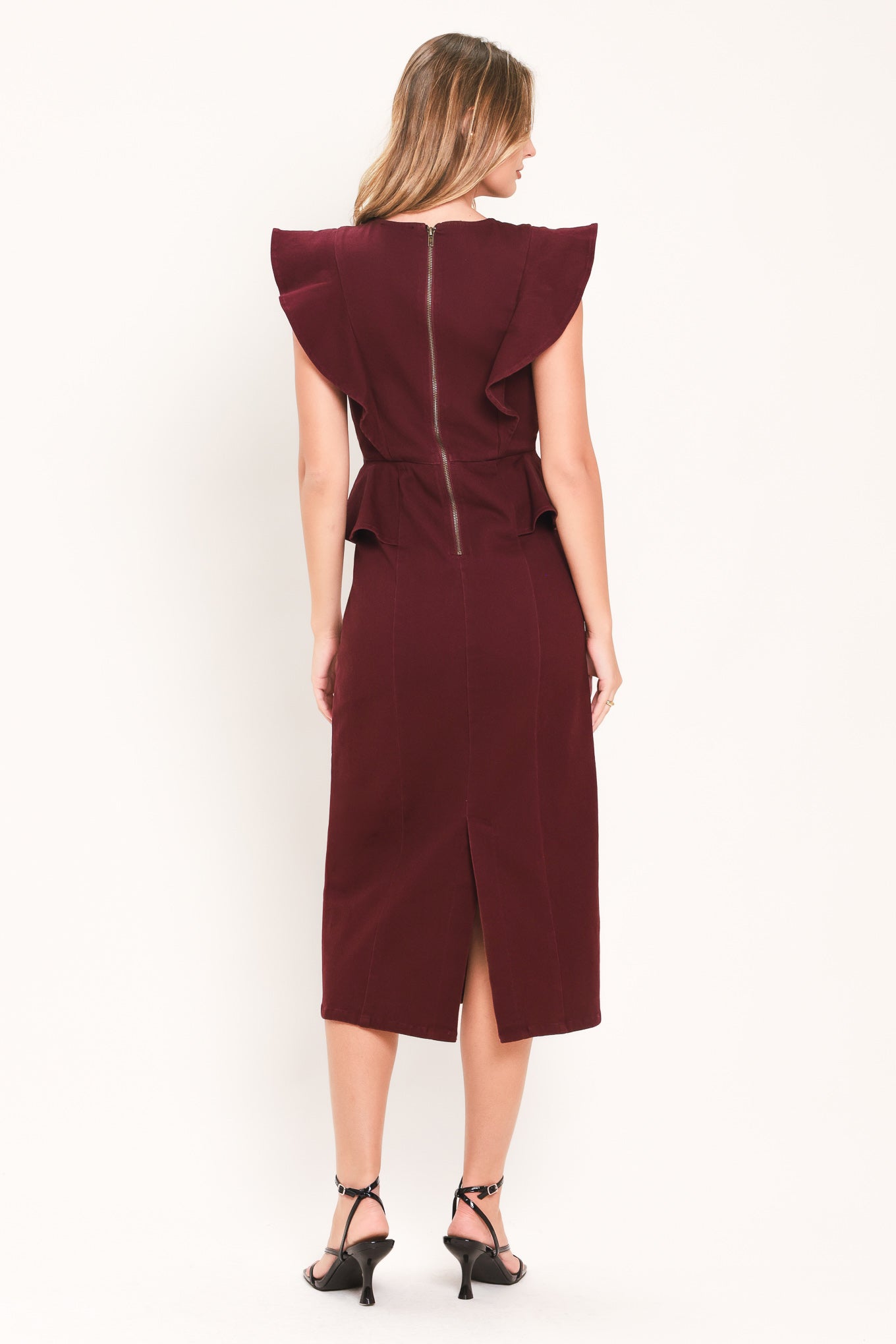 Burgundy Ruffle Reverence Midi Dress