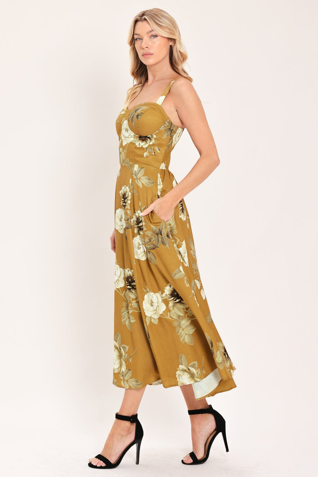 MUSTARD ROSETTE MELODY WOVEN MIDI DRESS