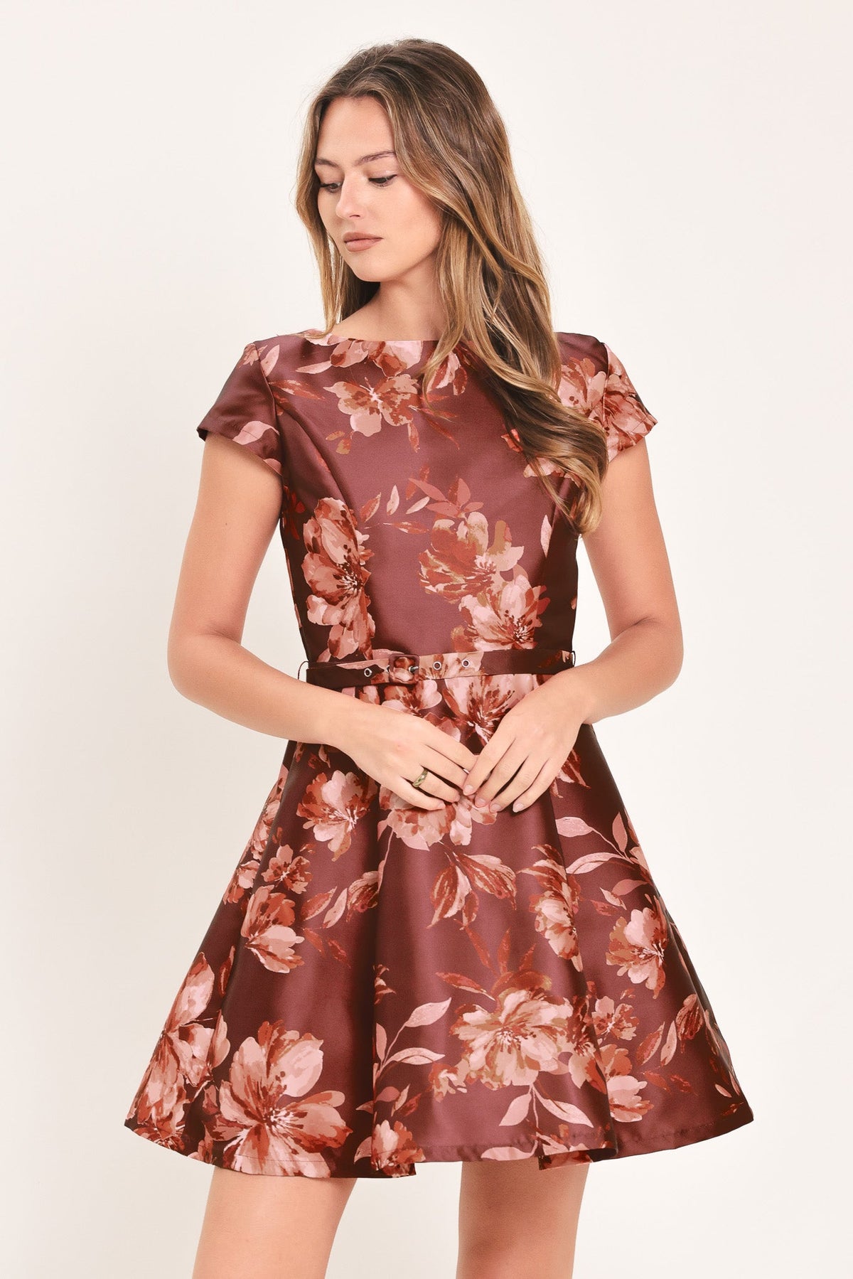 Mahogany Floral Kiss Mini Dress