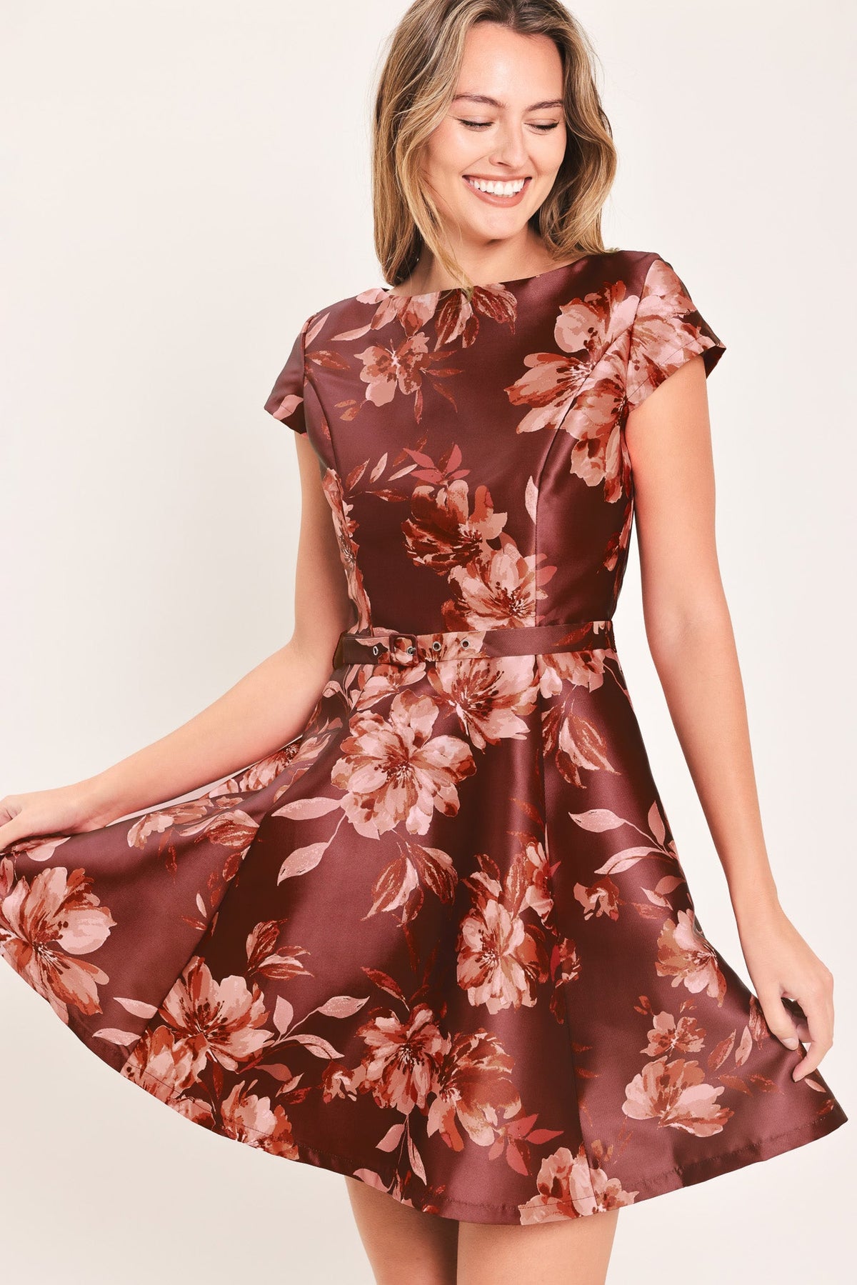 Mahogany Floral Kiss Mini Dress