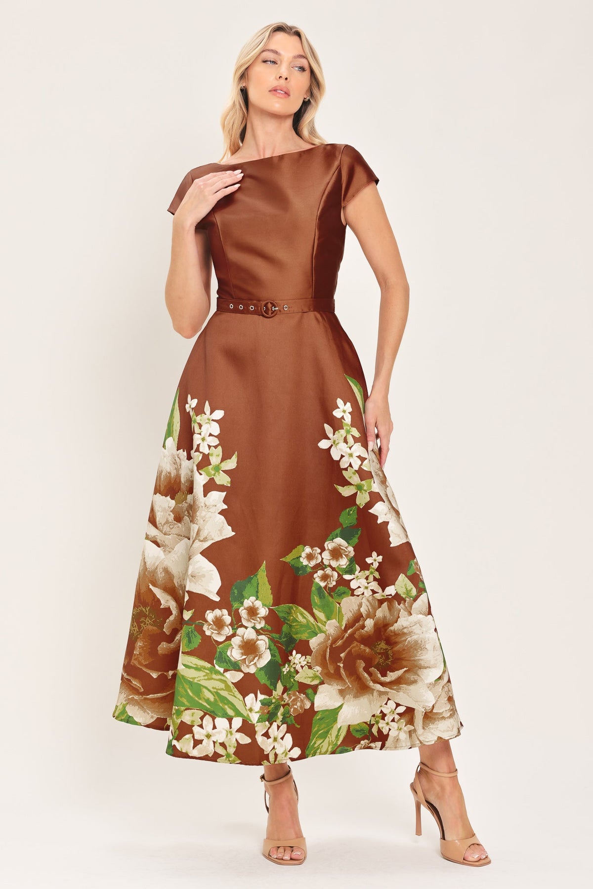 Rust Reverie Floral Belted Circle-Skirt Midi Dress