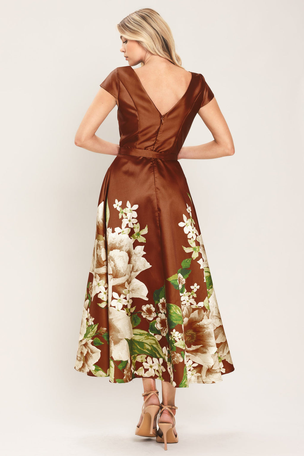 Rust Reverie Floral Belted Circle-Skirt Midi Dress