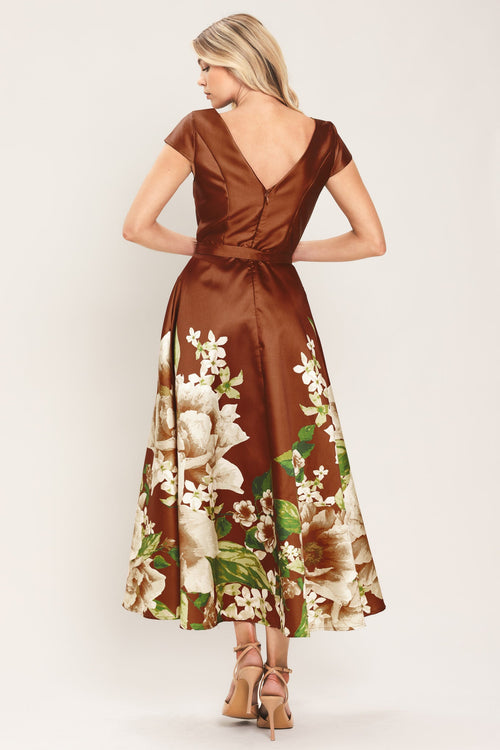 Rust Reverie Floral Belted Circle-Skirt Midi Dress