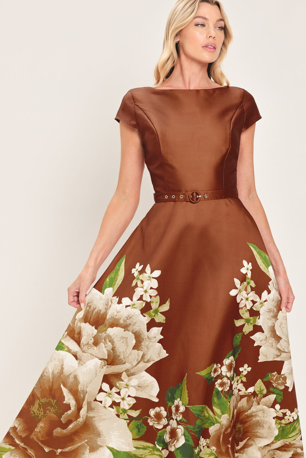 Rust Reverie Floral Belted Circle-Skirt Midi Dress