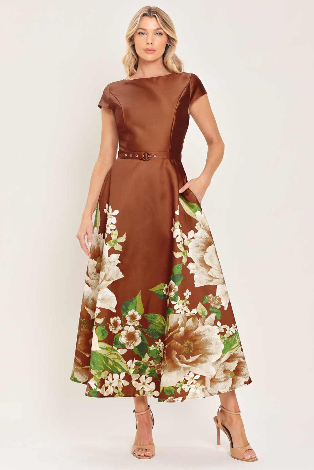 Rust Reverie Floral Belted Circle-Skirt Midi Dress