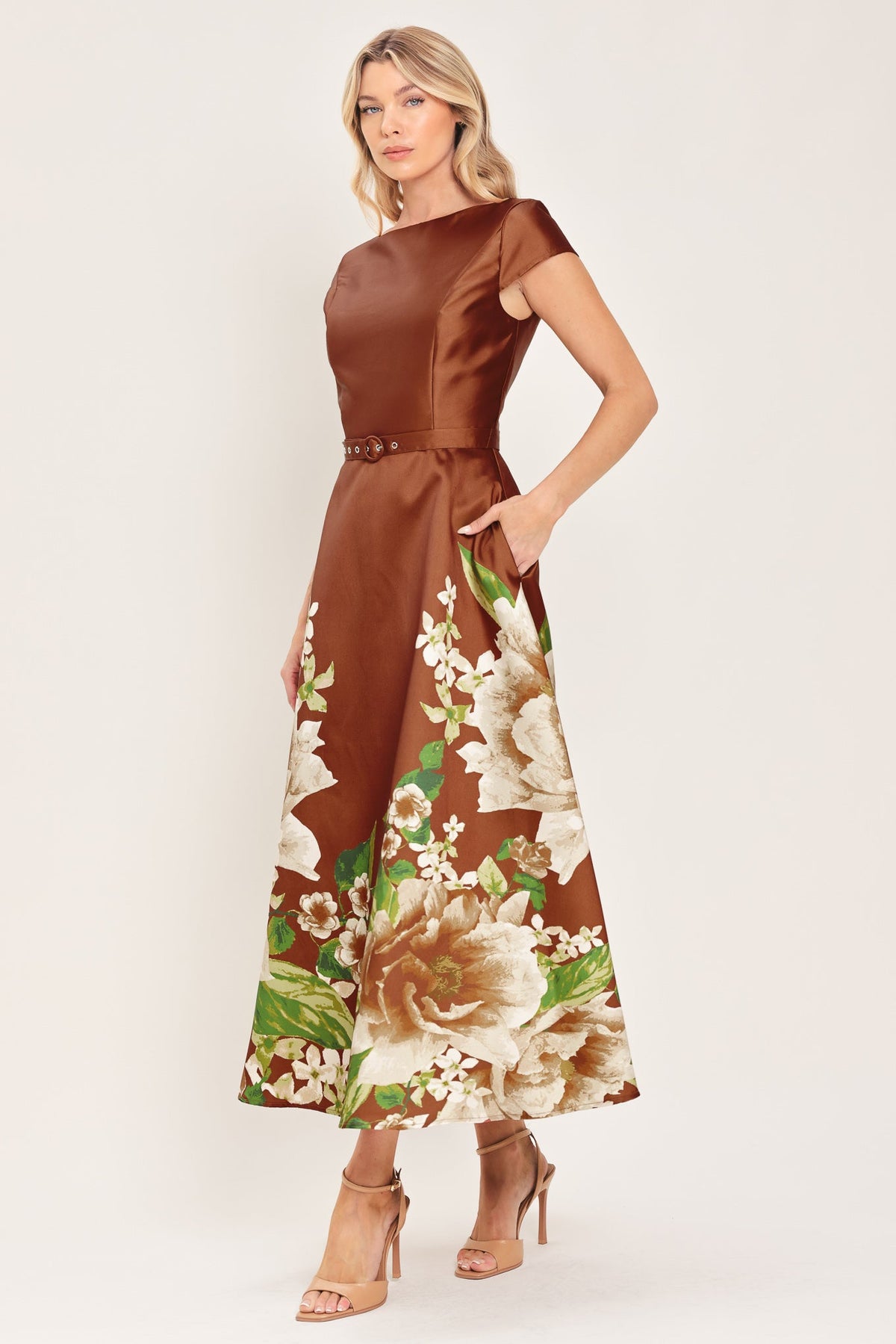 Rust Reverie Floral Belted Circle-Skirt Midi Dress