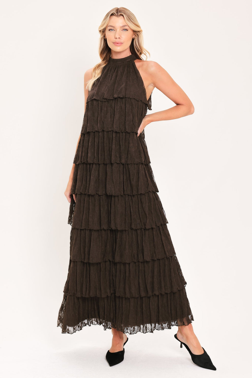 Deep Brown Lace Drift Halter Maxi Dress