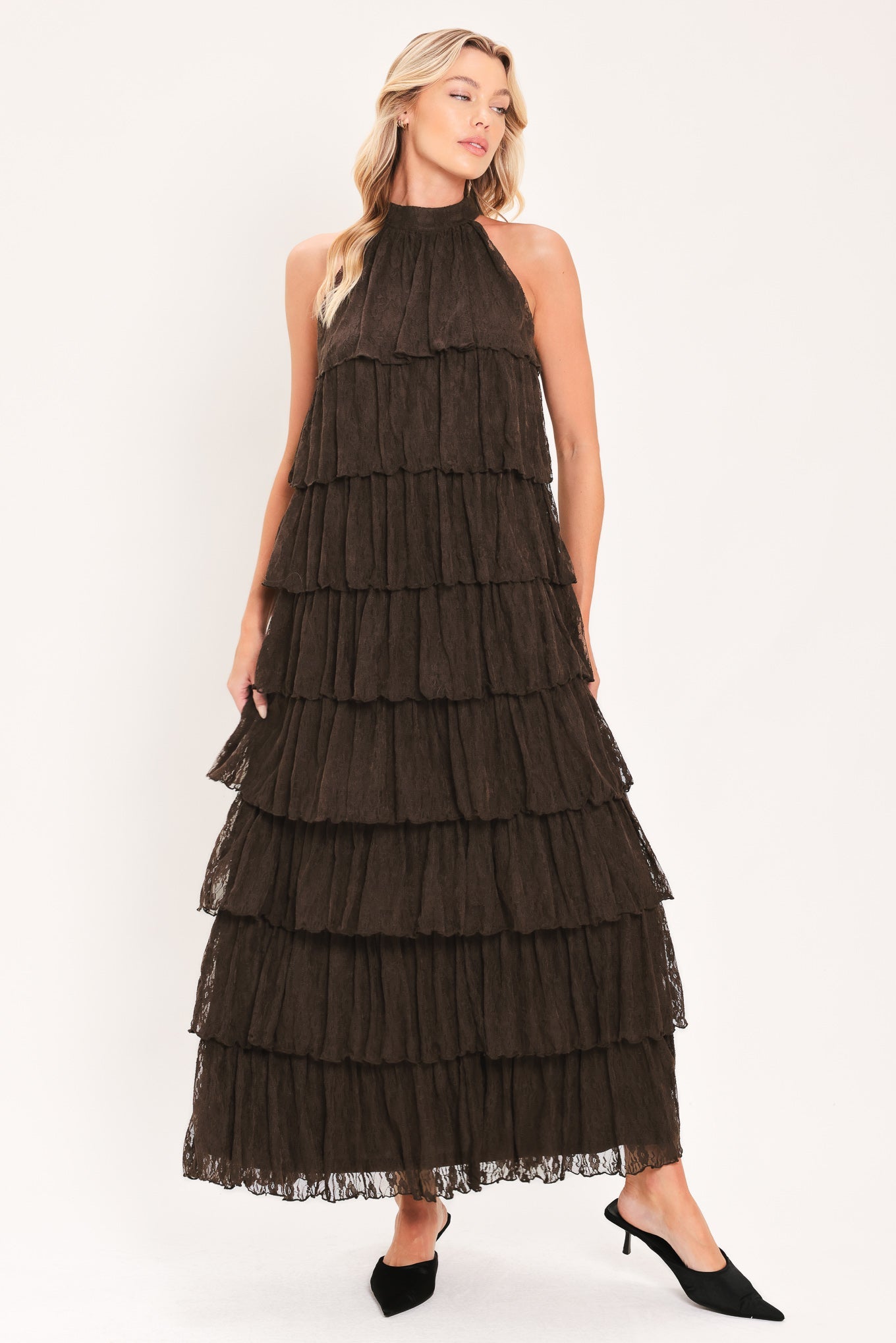 Deep Brown Lace Drift Halter Maxi Dress