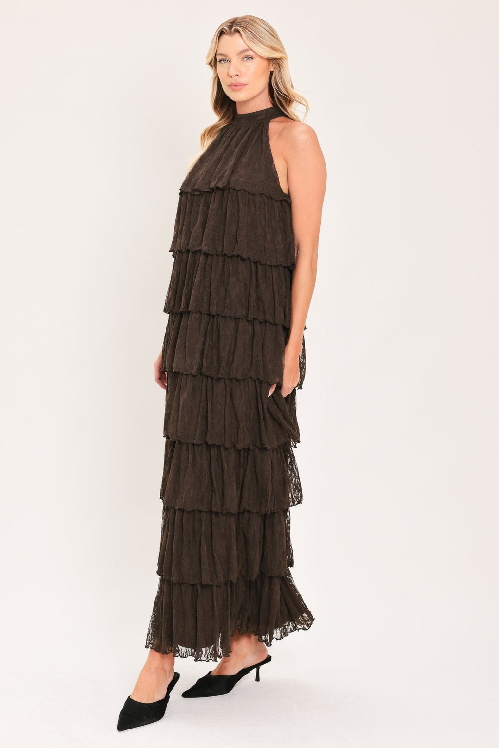 Deep Brown Lace Drift Halter Maxi Dress