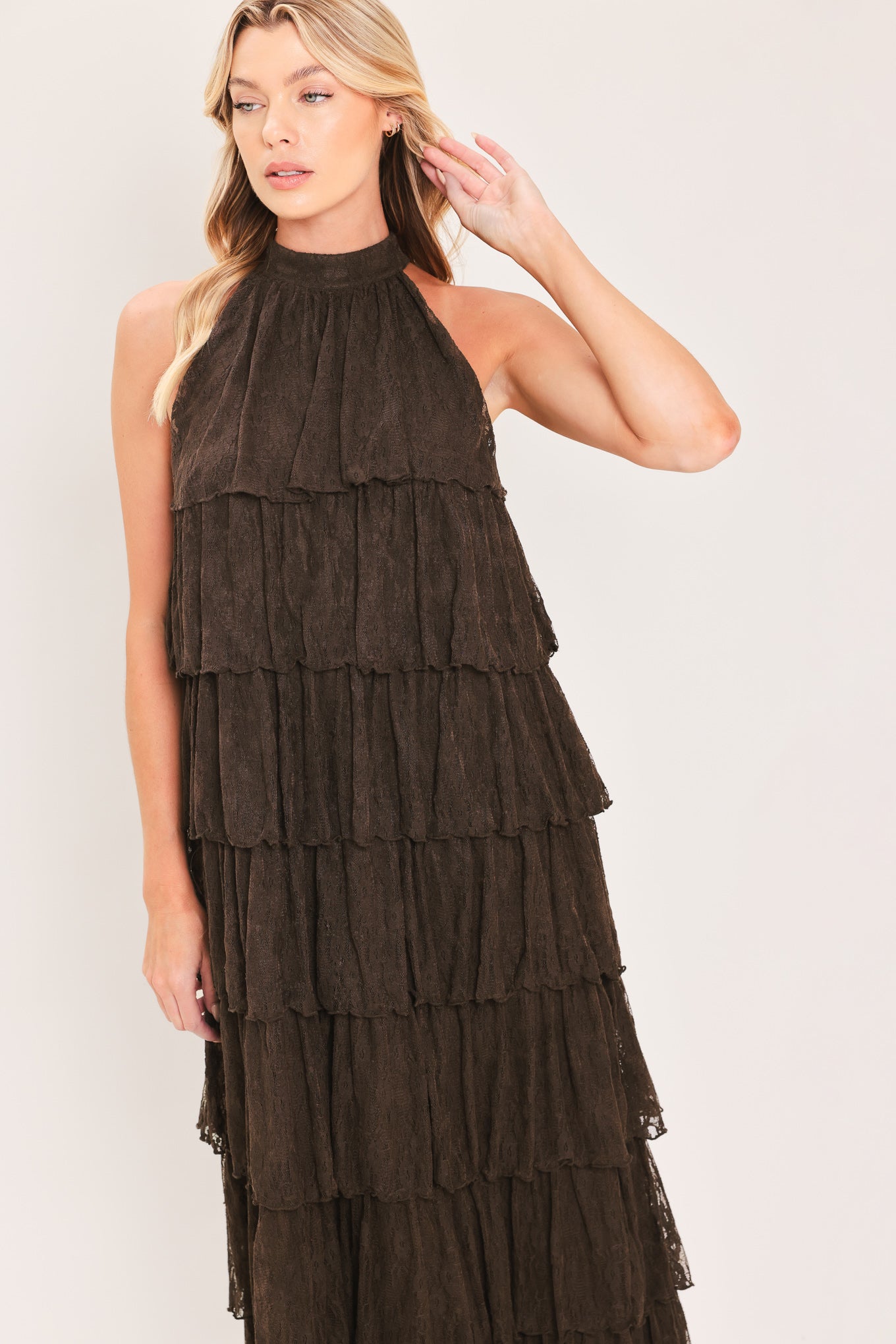 Deep Brown Lace Drift Halter Maxi Dress