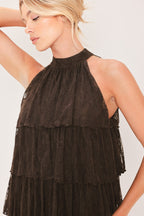 Deep Brown Lace Drift Halter Maxi Dress
