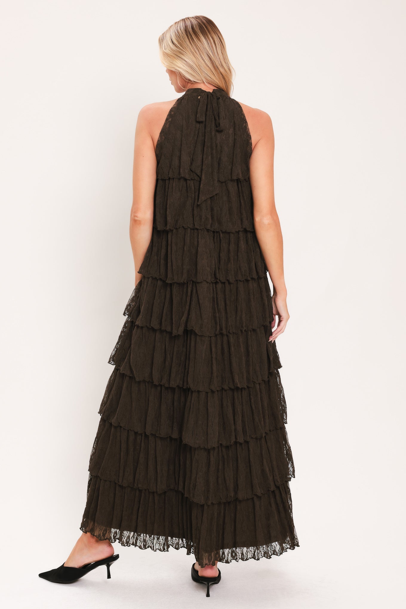 Deep Brown Lace Drift Halter Maxi Dress