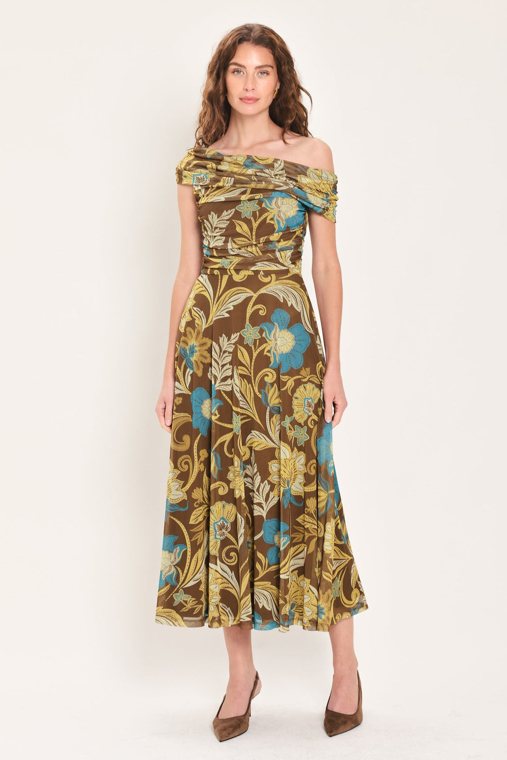Teal Temptation Draped One-Shoulder Mesh Midi Dress