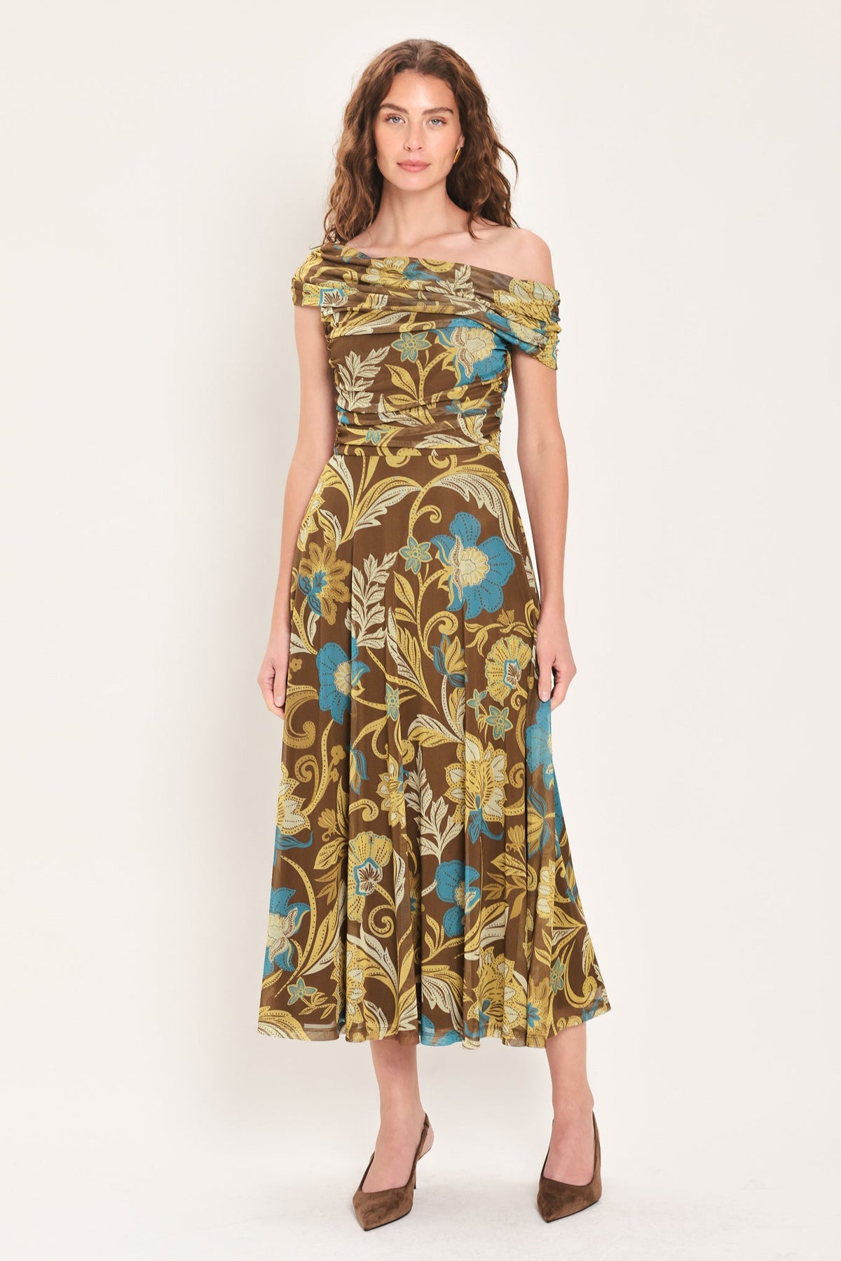 Teal Temptation Draped One-Shoulder Mesh Midi Dress
