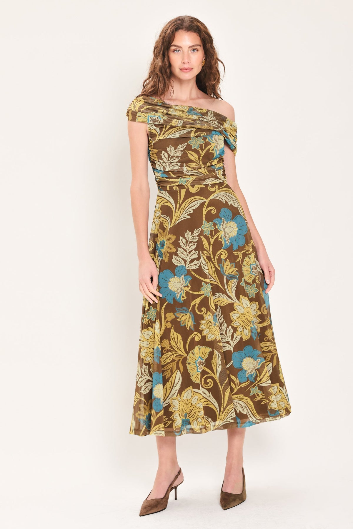 Teal Temptation Draped One-Shoulder Mesh Midi Dress