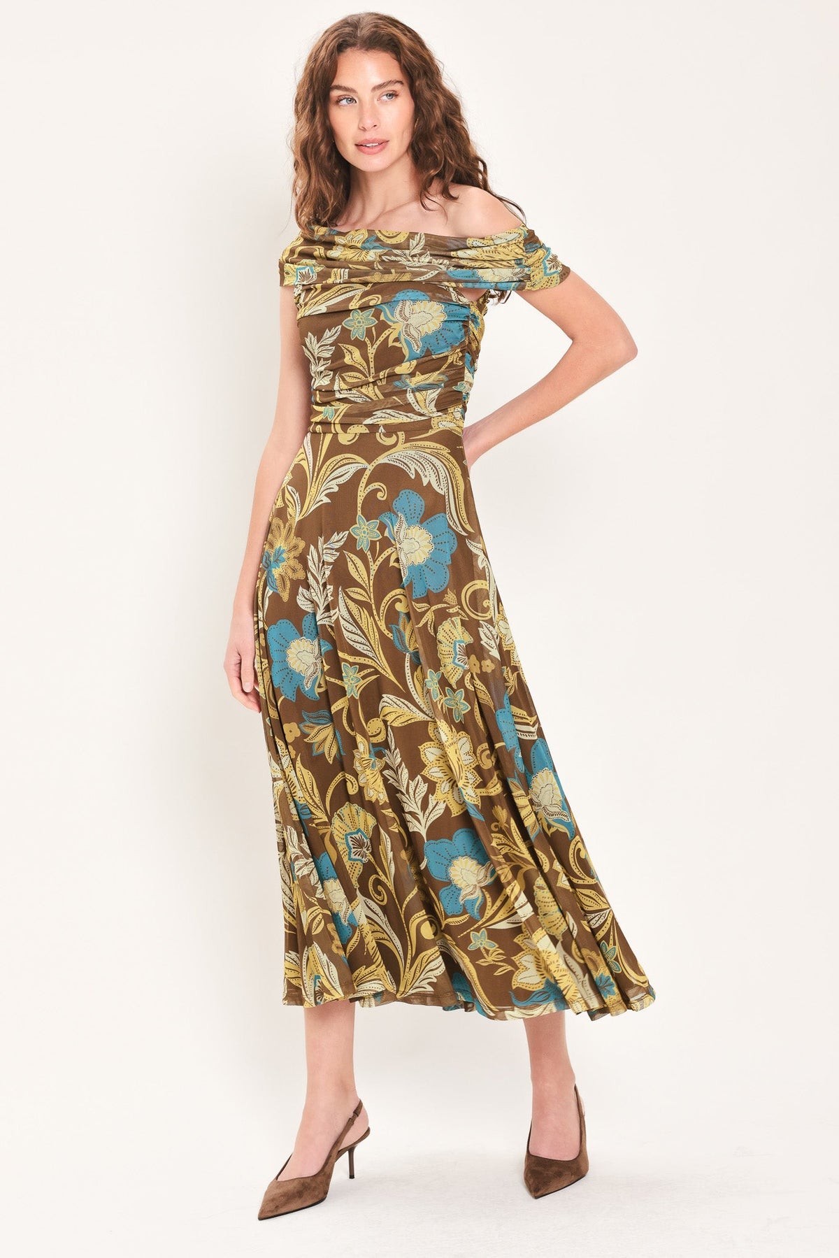 Teal Temptation Draped One-Shoulder Mesh Midi Dress