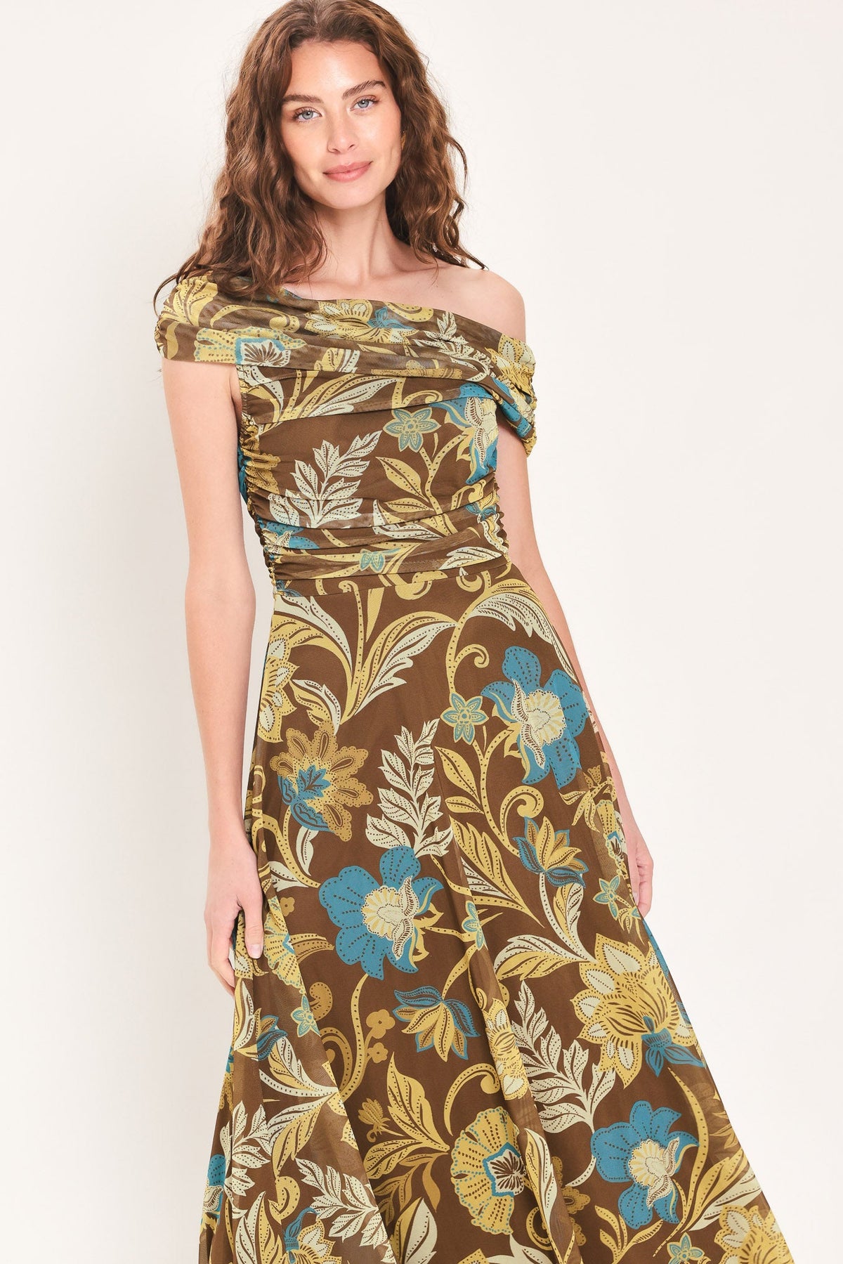 Teal Temptation Draped One-Shoulder Mesh Midi Dress