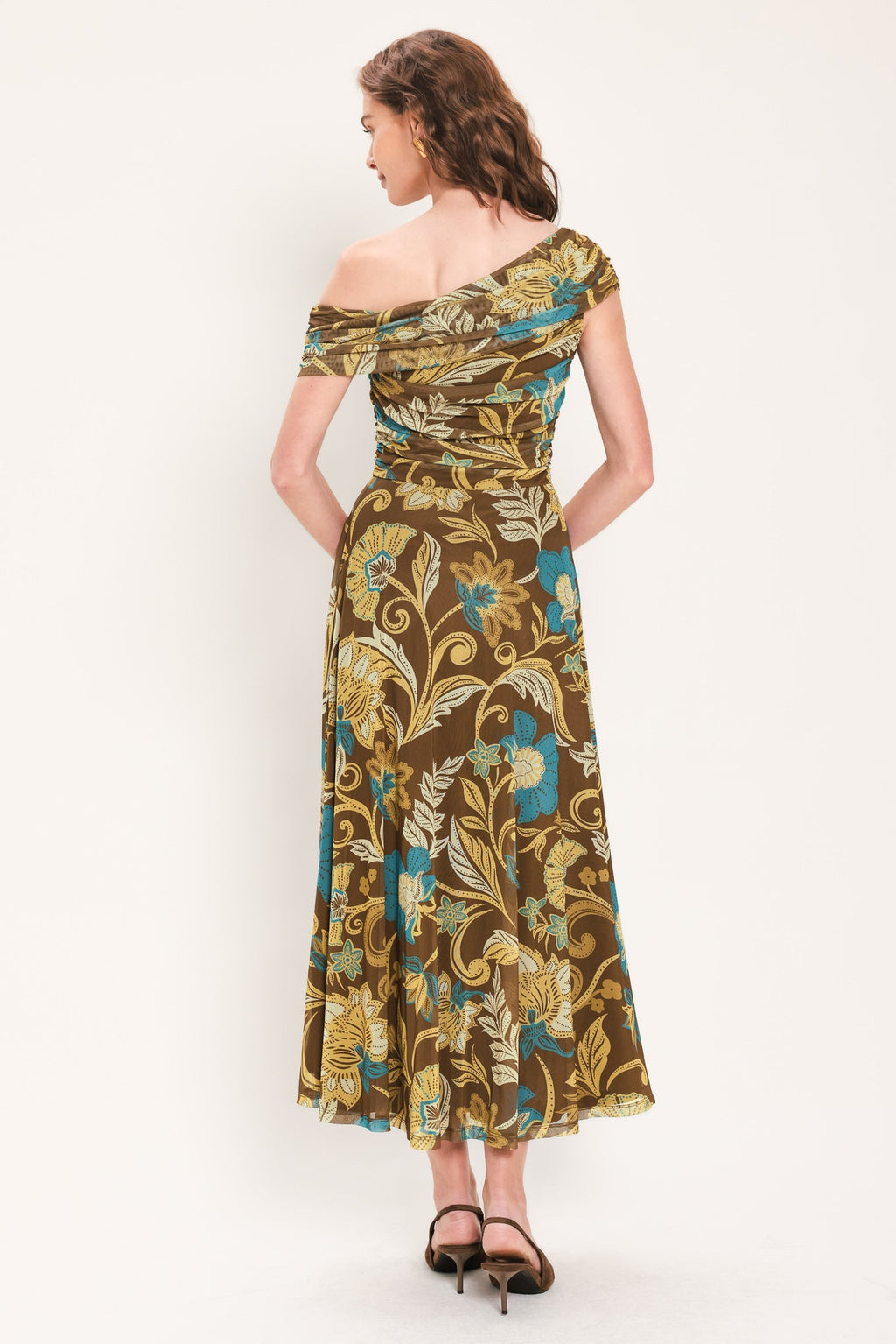 Teal Temptation Draped One-Shoulder Mesh Midi Dress