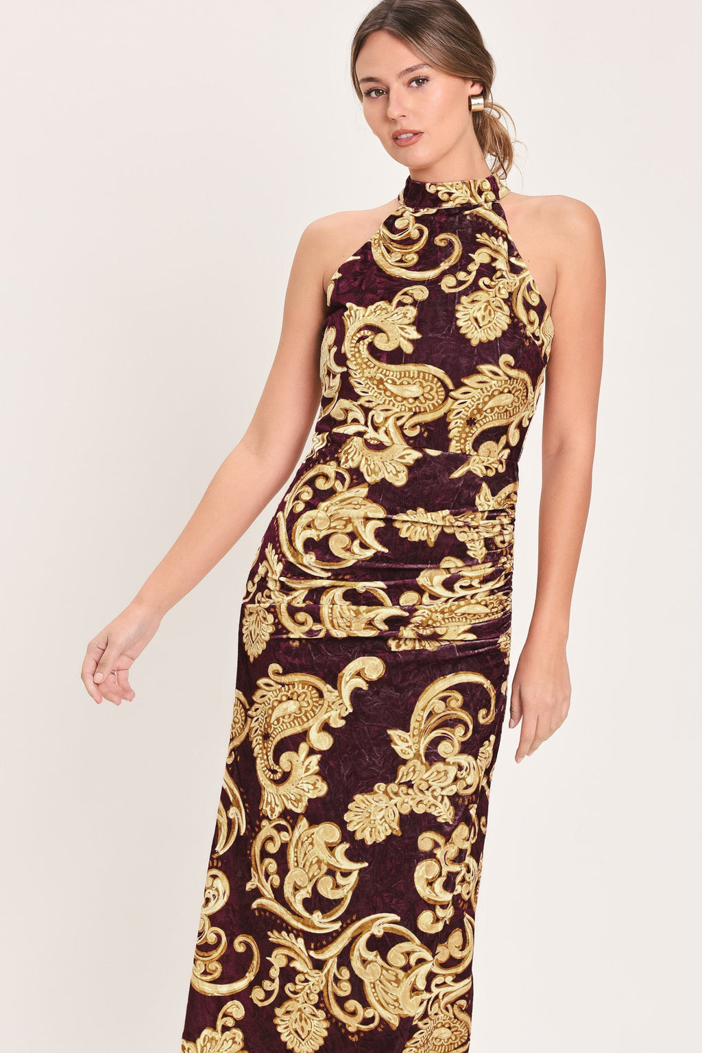 Scarlet Spell Crushed Velvet Halter Maxi Dress