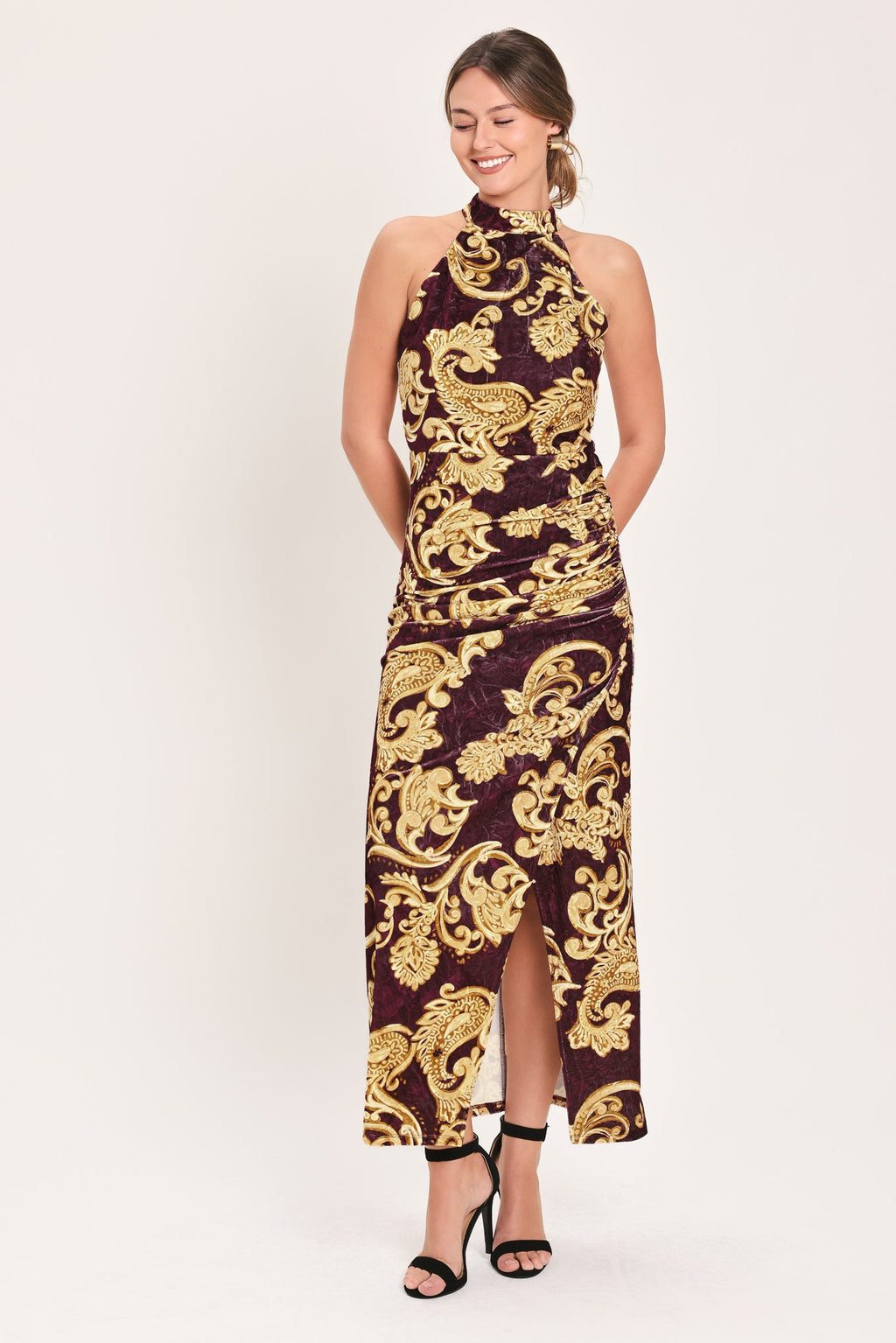 Scarlet Spell Crushed Velvet Halter Maxi Dress