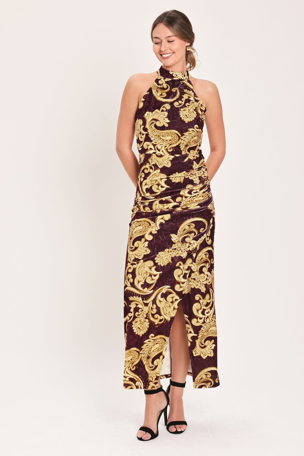 Scarlet Spell Crushed Velvet Halter Maxi Dress