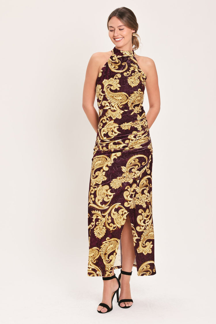 Scarlet Spell Crushed Velvet Halter Maxi Dress