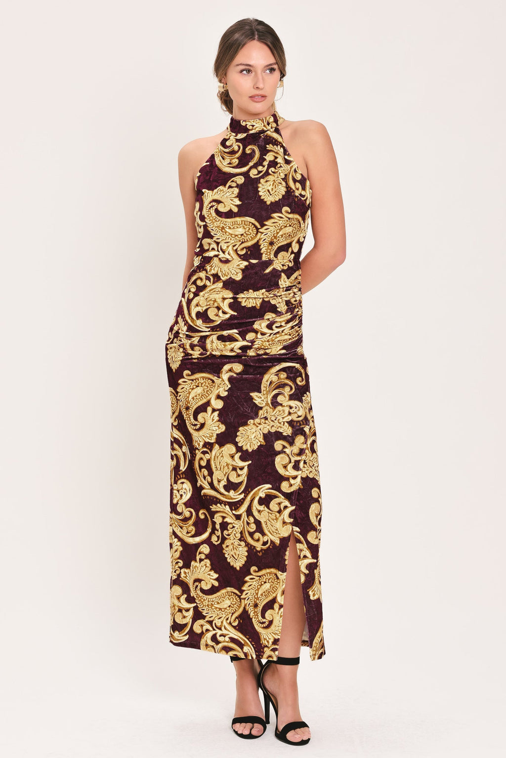 Scarlet Spell Crushed Velvet Halter Maxi Dress