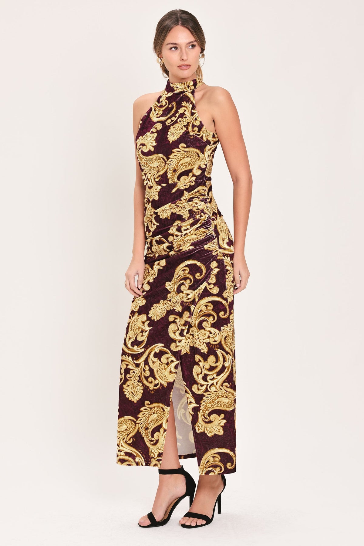 Scarlet Spell Crushed Velvet Halter Maxi Dress