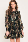 Midnight Flirt Printed Ruffle-Hem Mini Dress