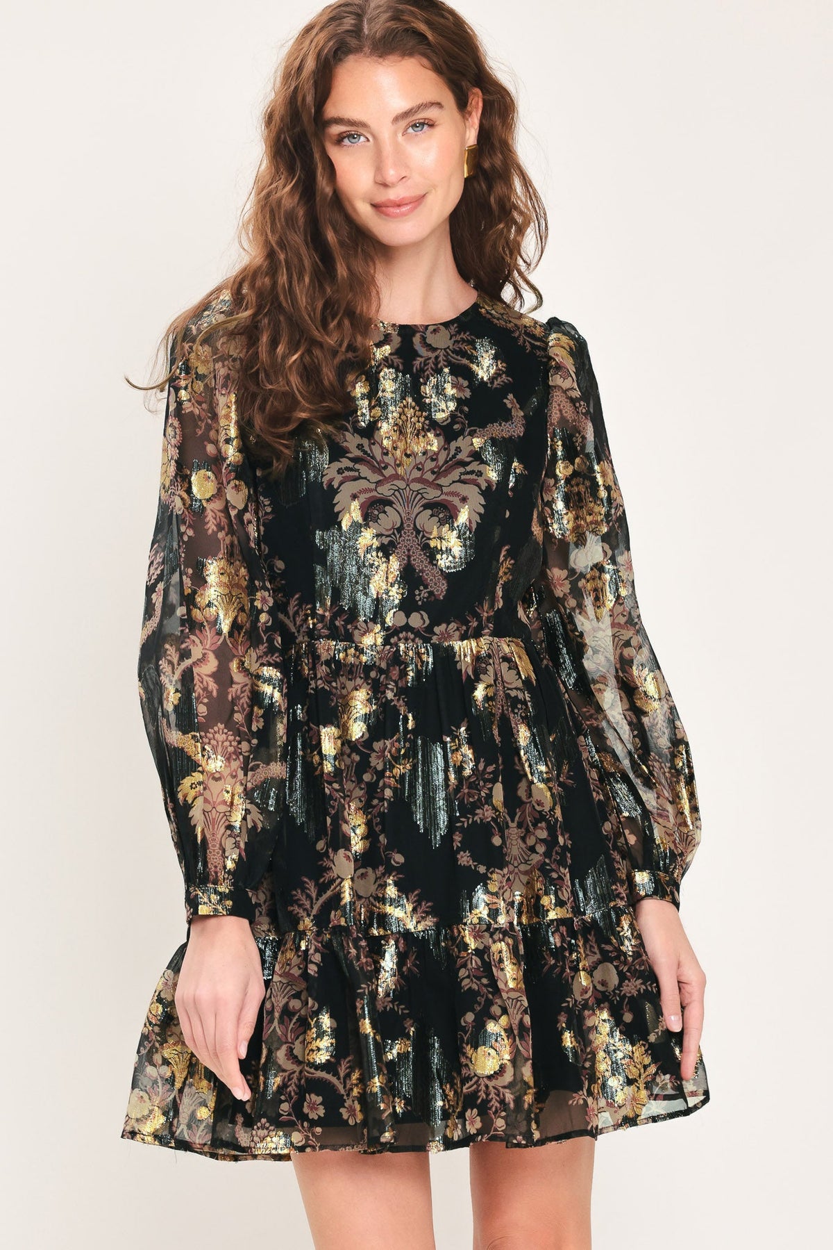 Midnight Flirt Printed Ruffle-Hem Mini Dress