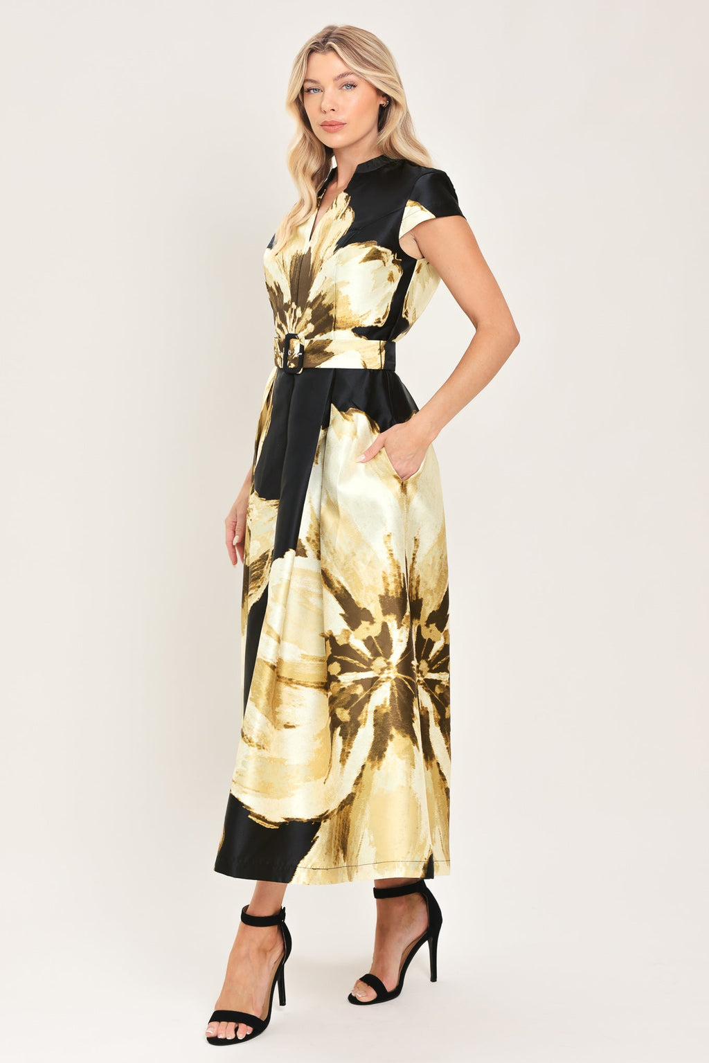 Noir Charm Black Printed Belted Full-Skirt Midi Dress
