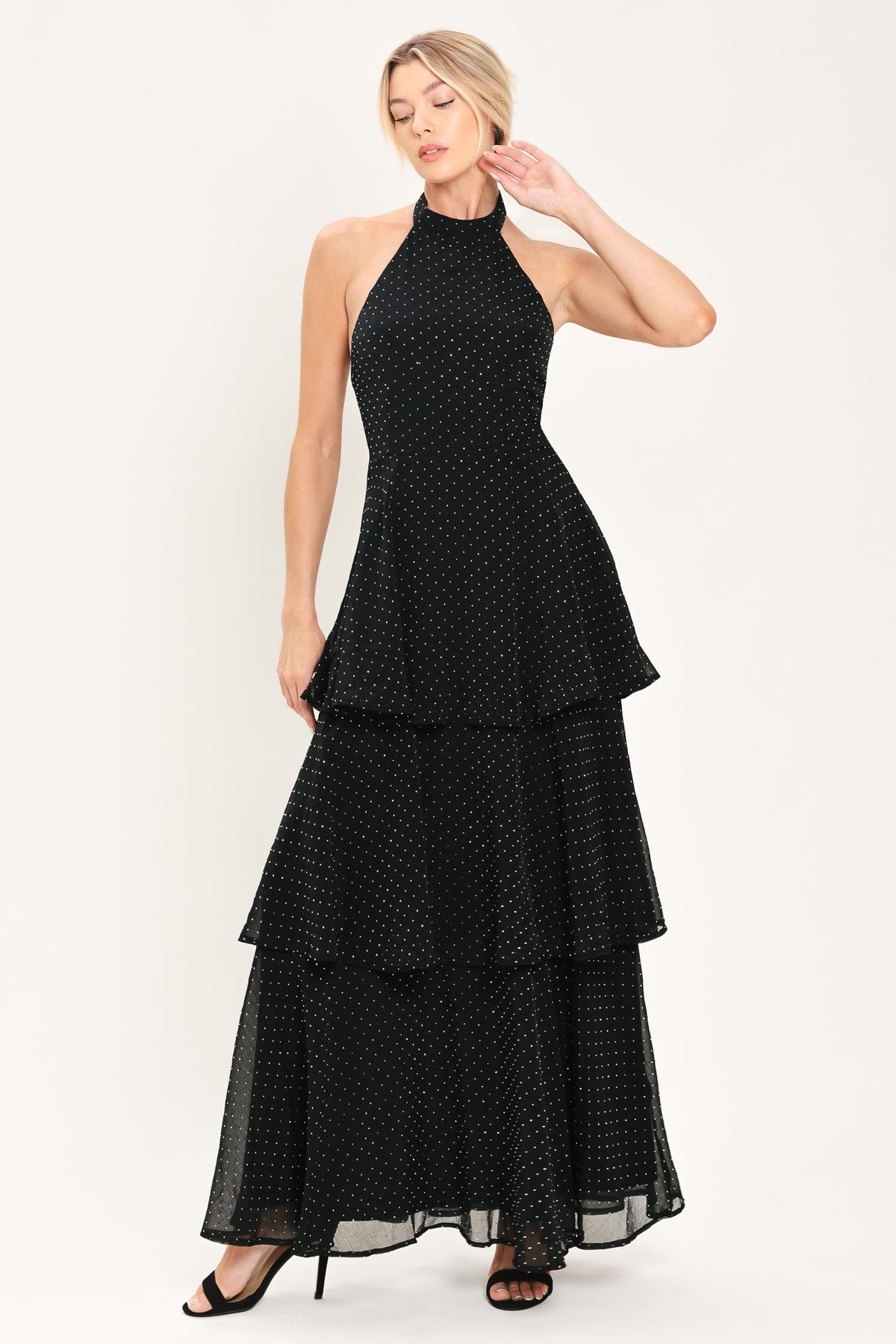 Midnight Spark Black Embellished Halter Maxi Dress