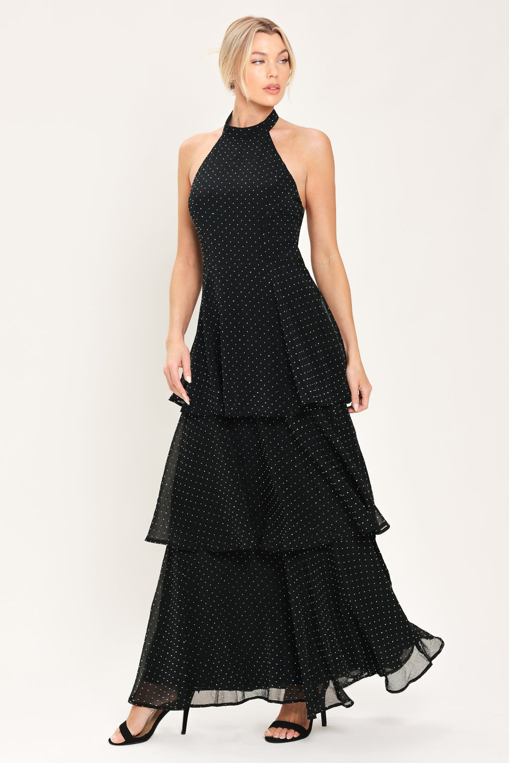 Midnight Spark Black Embellished Halter Maxi Dress
