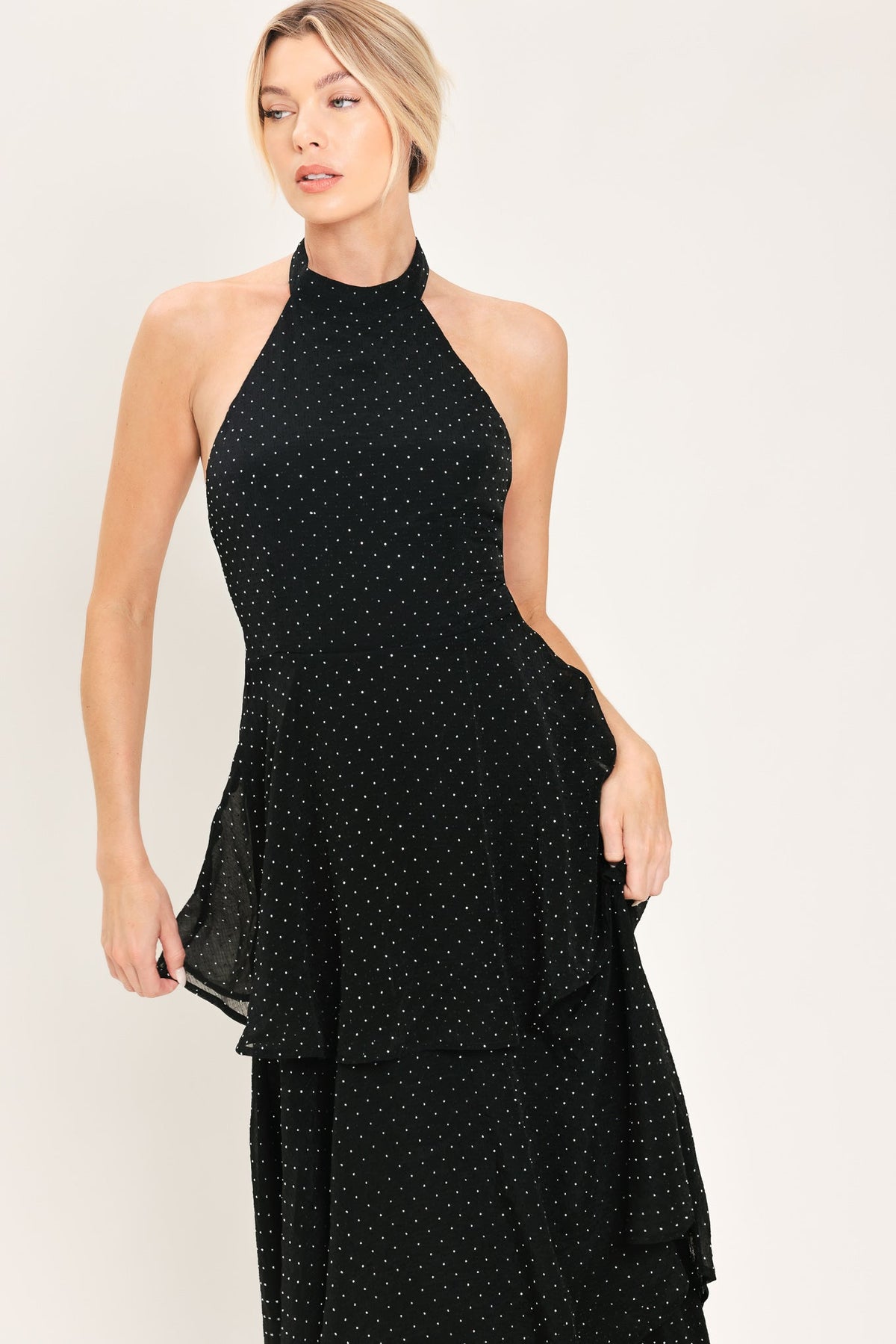 Midnight Spark Black Embellished Halter Maxi Dress