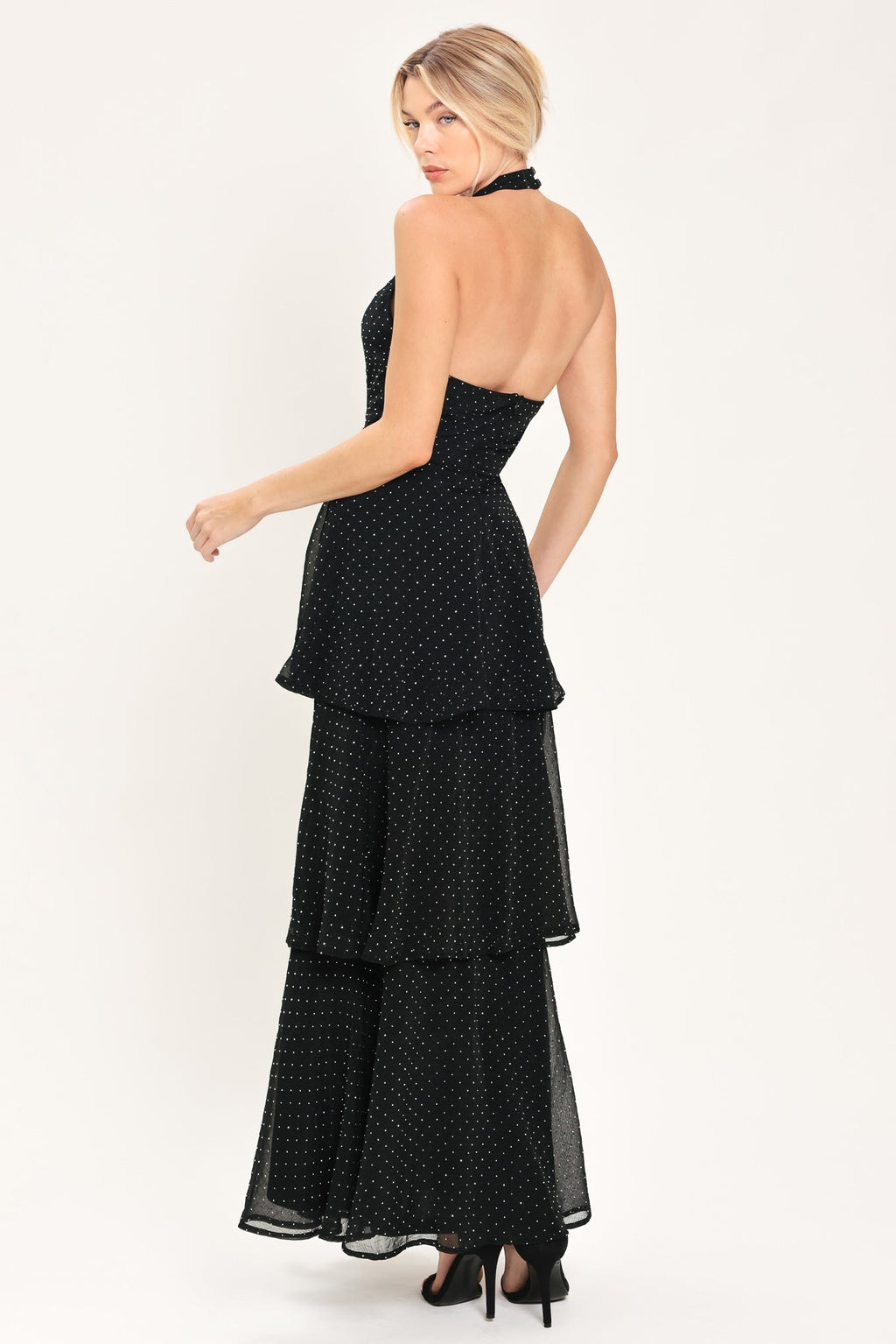 Midnight Spark Black Embellished Halter Maxi Dress