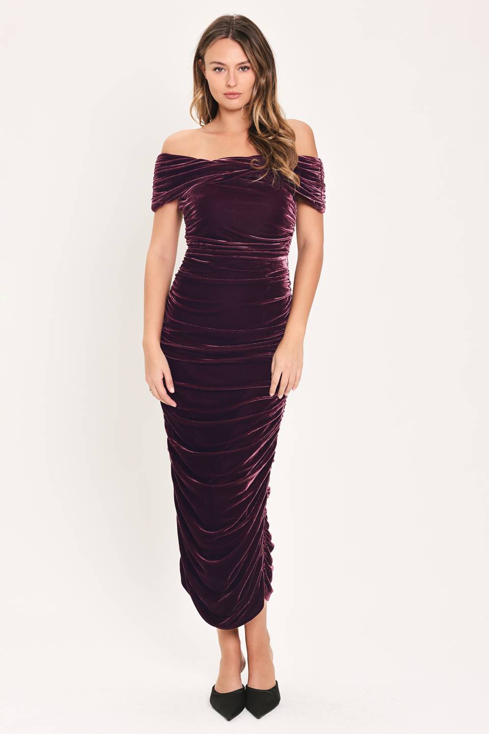 Plum Embrace Velvet Off-Shoulder Ruched Midi Dress