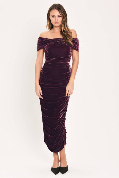 Plum Embrace Velvet Off-Shoulder Ruched Midi Dress