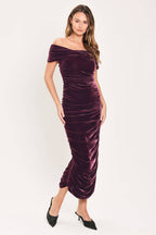 Plum Embrace Velvet Off-Shoulder Ruched Midi Dress