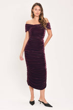 Plum Embrace Velvet Off-Shoulder Ruched Midi Dress